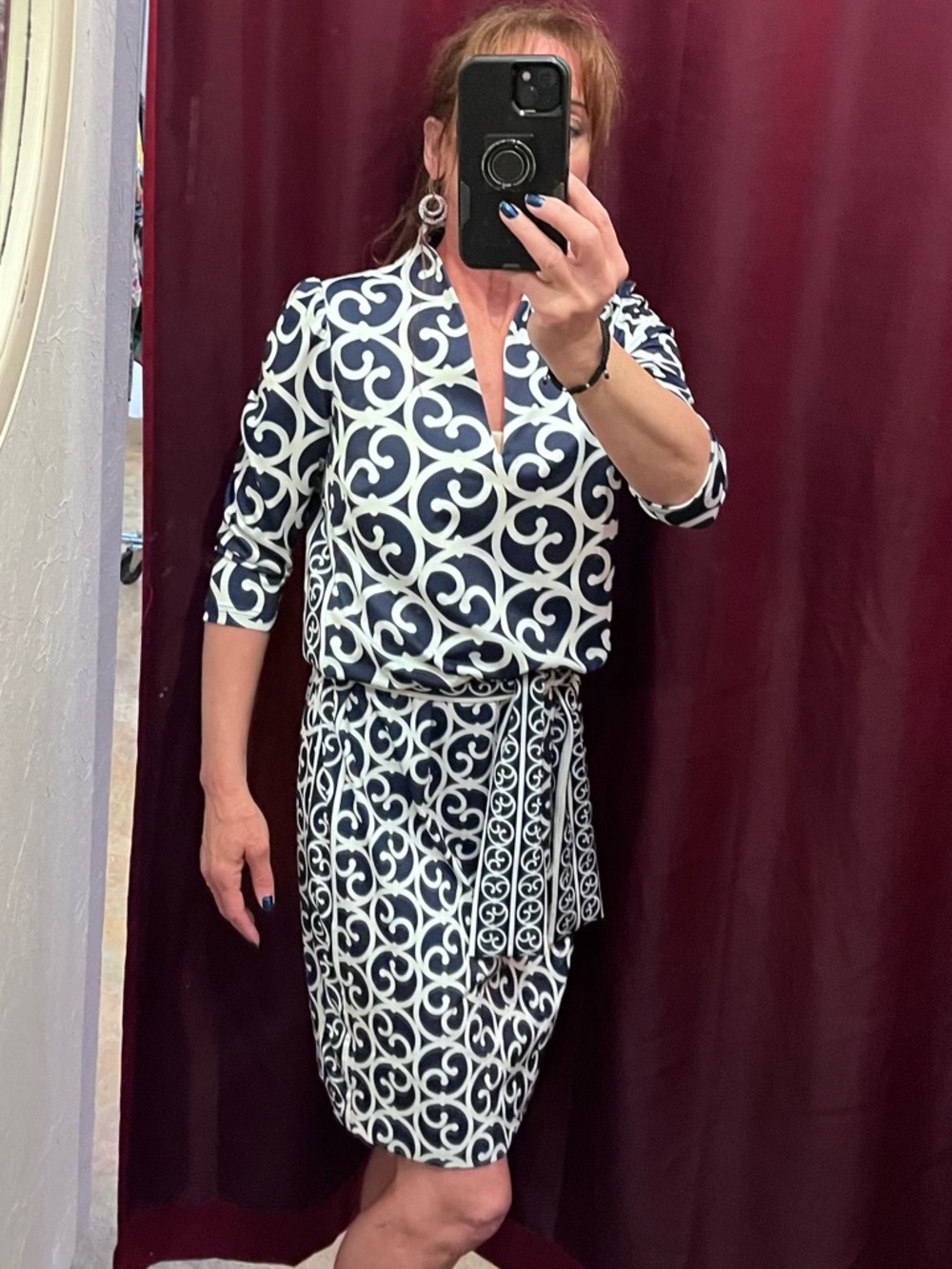 Gretchen Scott Designs Navy and White Midi Dress with Geometric Scroll Print